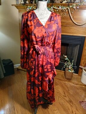 Easel Floral Maxi Long Sleeve Dress in Red & Purple
